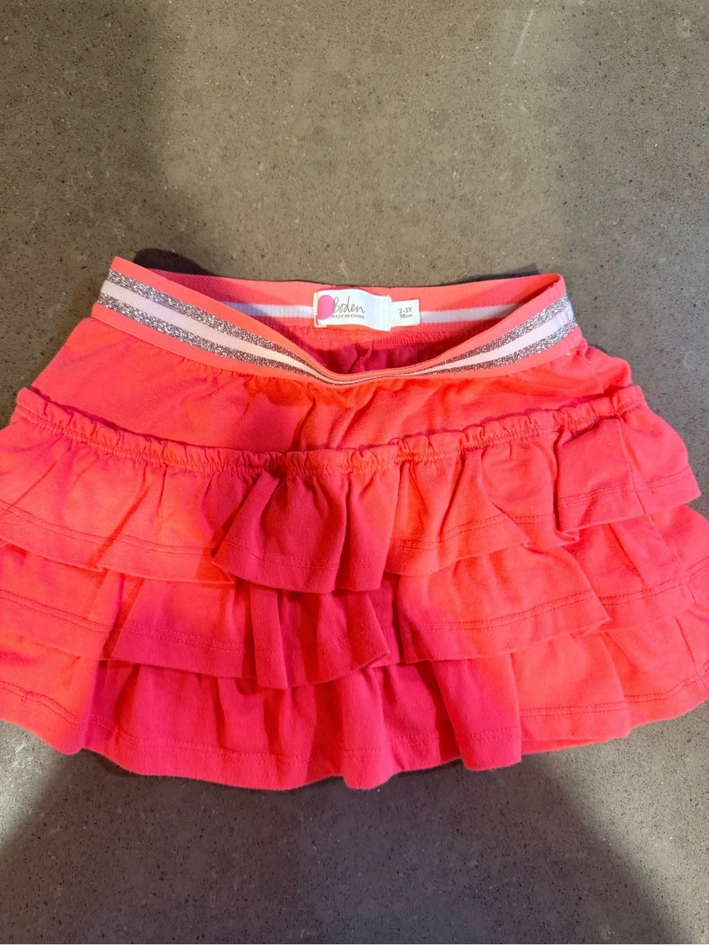 Mini Boden Coral Pink Tiered Ruffle Mini Skirt with Glitter Waistband